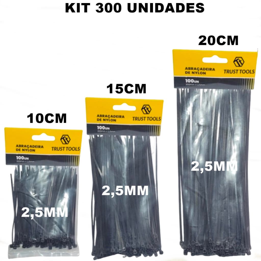 Kit 300 Abraçadeira De Nylon Enforca Gato 10/15/20cm Presilha Lacre Fita Cinta