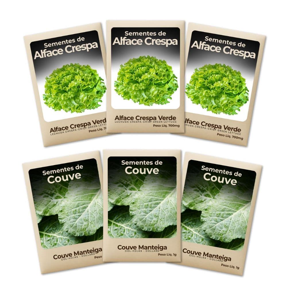 Sementes Couve e Alface Perfeita Para Horta Caseira Urbana Vertical Crescimento Saudável Kit 6 Pct