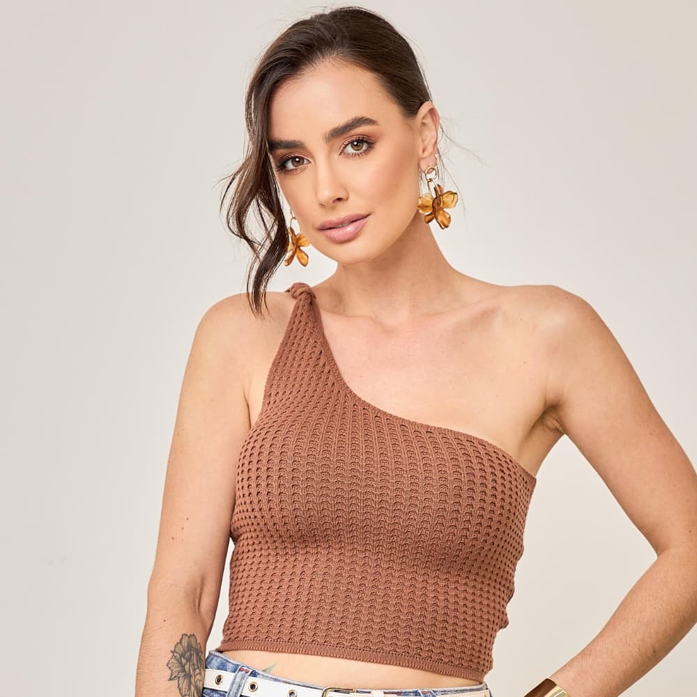 Cropped Feminino Um Ombro Só Tricô Modal Canelado Blusa Ajustada Moderna