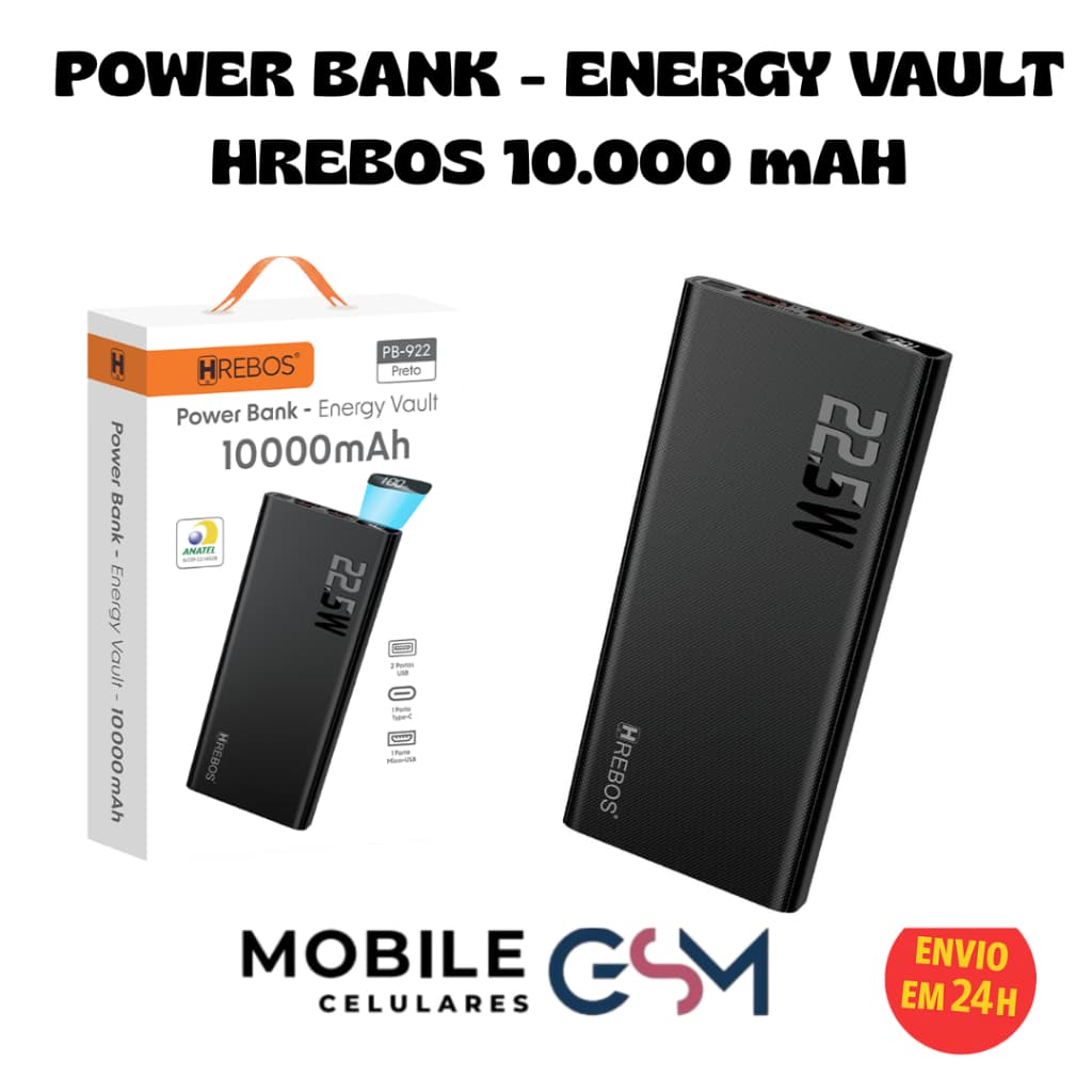 Power Bank Bateria Portátil Hrebos - Energy Vault - 10000 mAh | 22.5W Turbo | PB-922 Preto