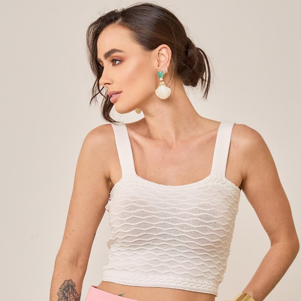 Cropped Feminino Tricô Modal Decote U Alcinha Dupla Texturizado Ondinhas