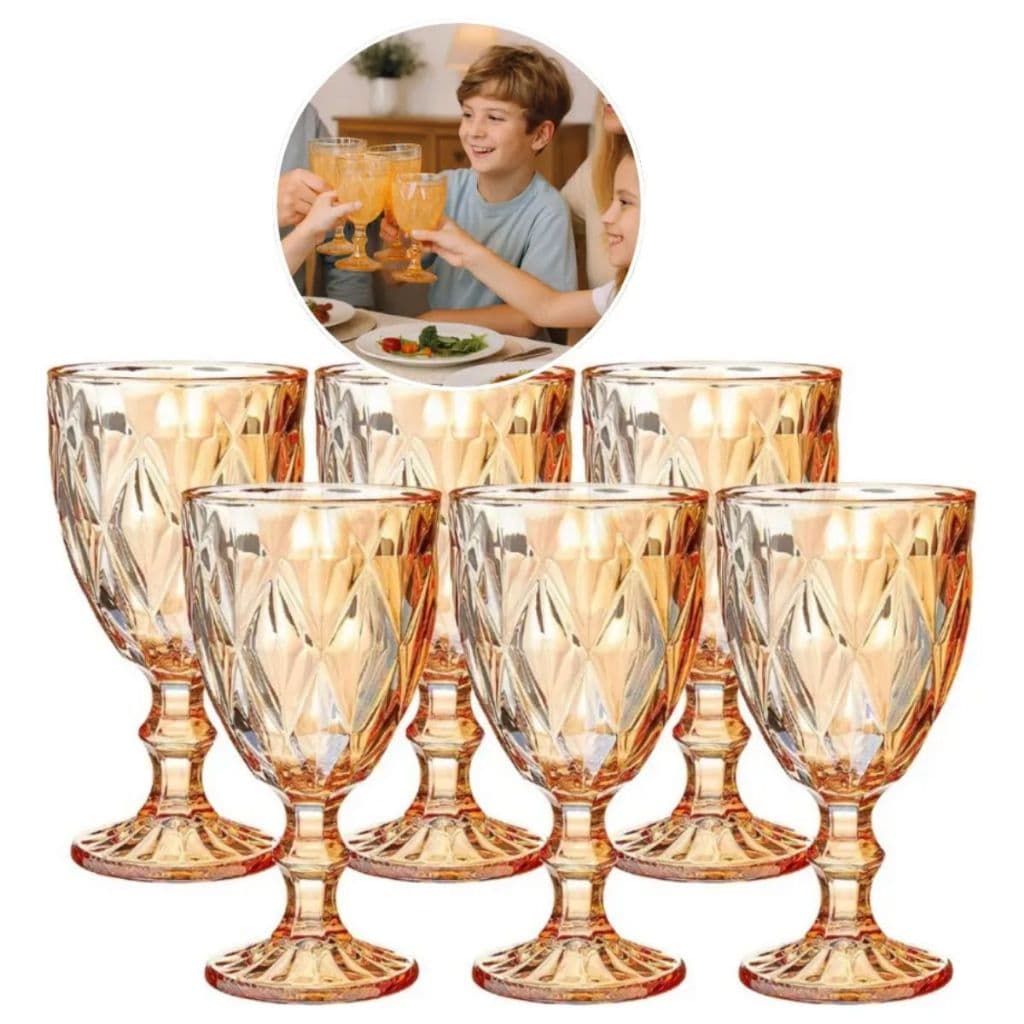 Conjunto 6 Taças de Vidro Diamond Gold 325ml – Design Luxo com Acabamento Dourado