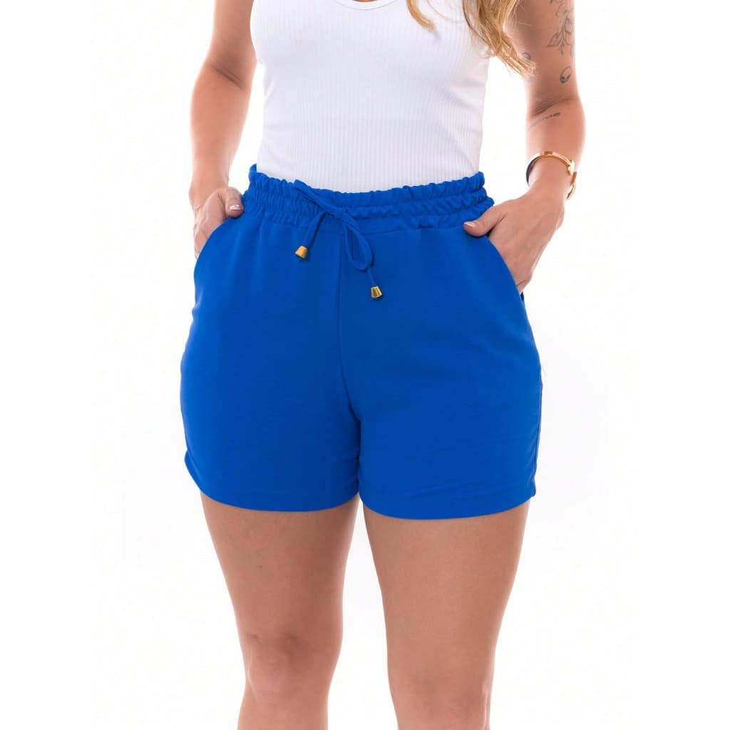 Shorts Feminino Cintura Alta Com Bolso Ajustável com Cordinha Moda Verão Confortável Look Casual Ideal para o Dia a Dia