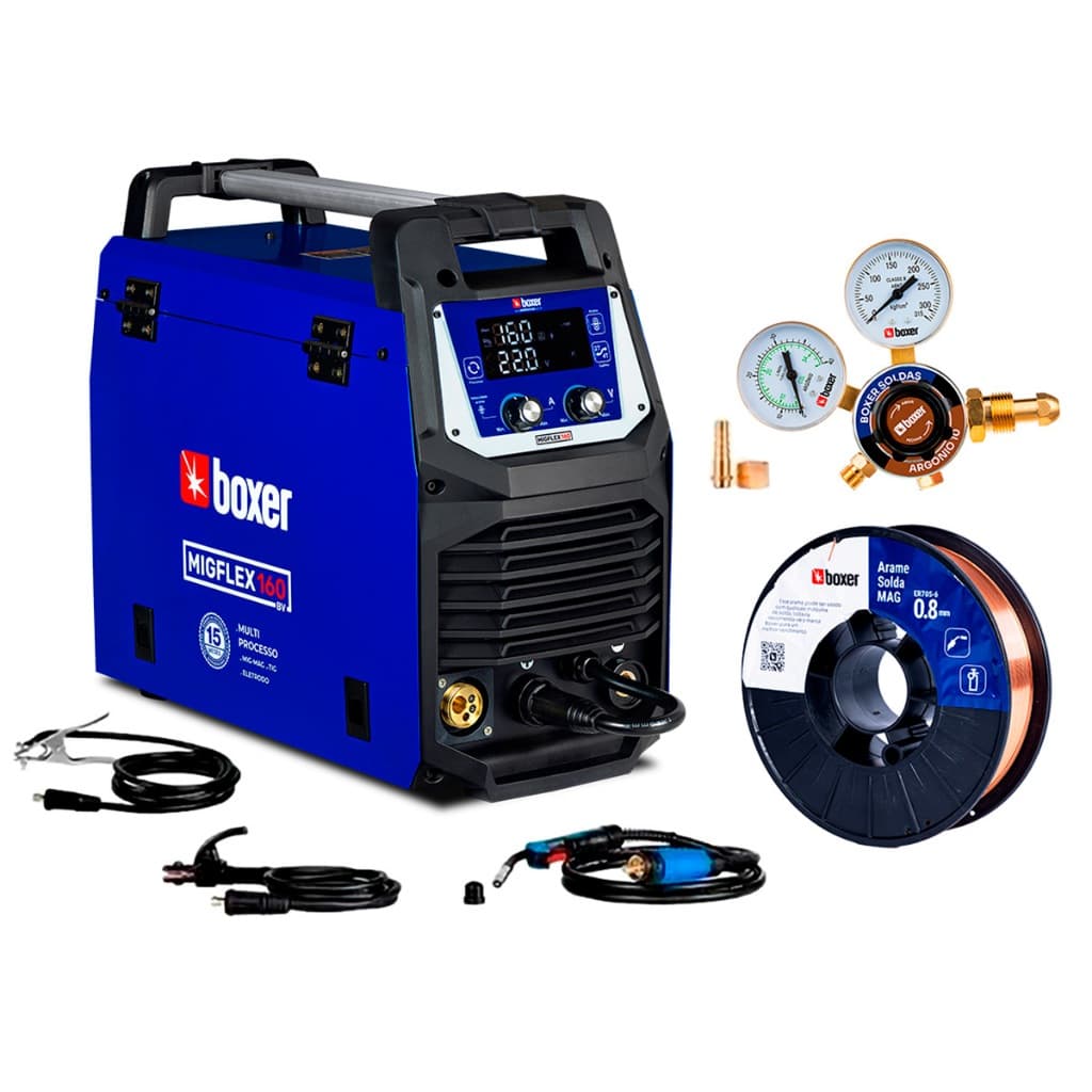 Kit Máquina de Solda 160Amp Bivolt Migflex160 + Rolo Arame 5kg + Regulador de Argônio RGB10 Boxer