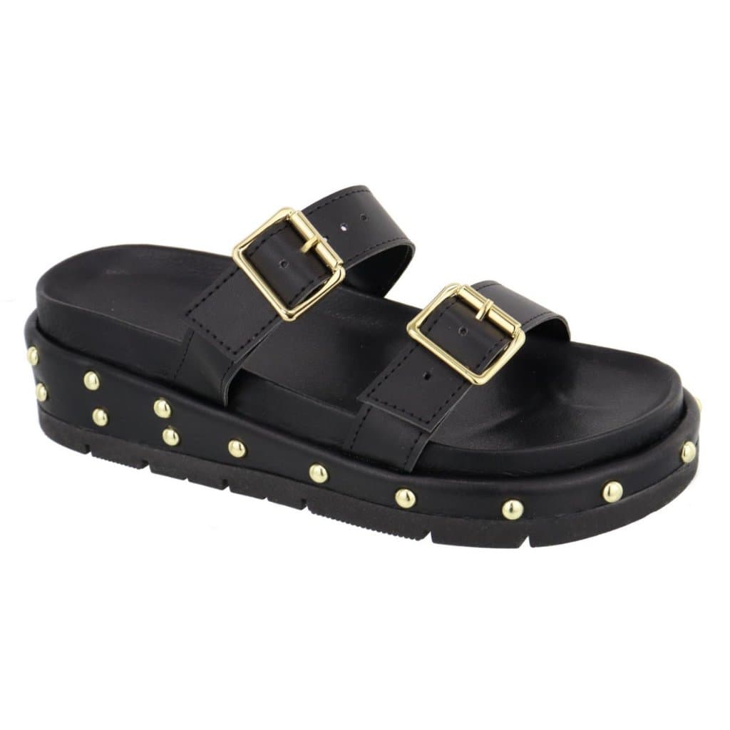 Sandália Flatform Papete Feminina Fivelas Lançamento Preto