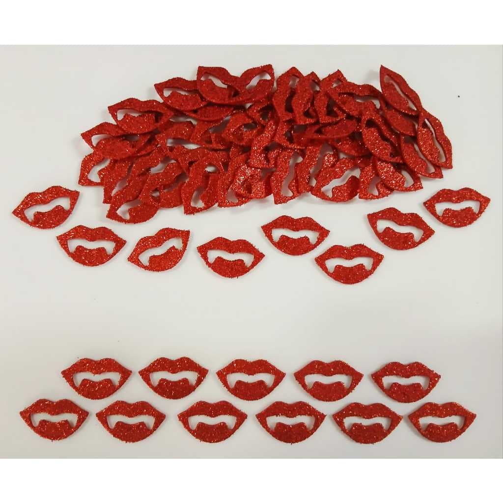 Kit 100 Apliques Boca Beijo Vampiro 3cm no Eva com Glíter - Sem Adesivo
