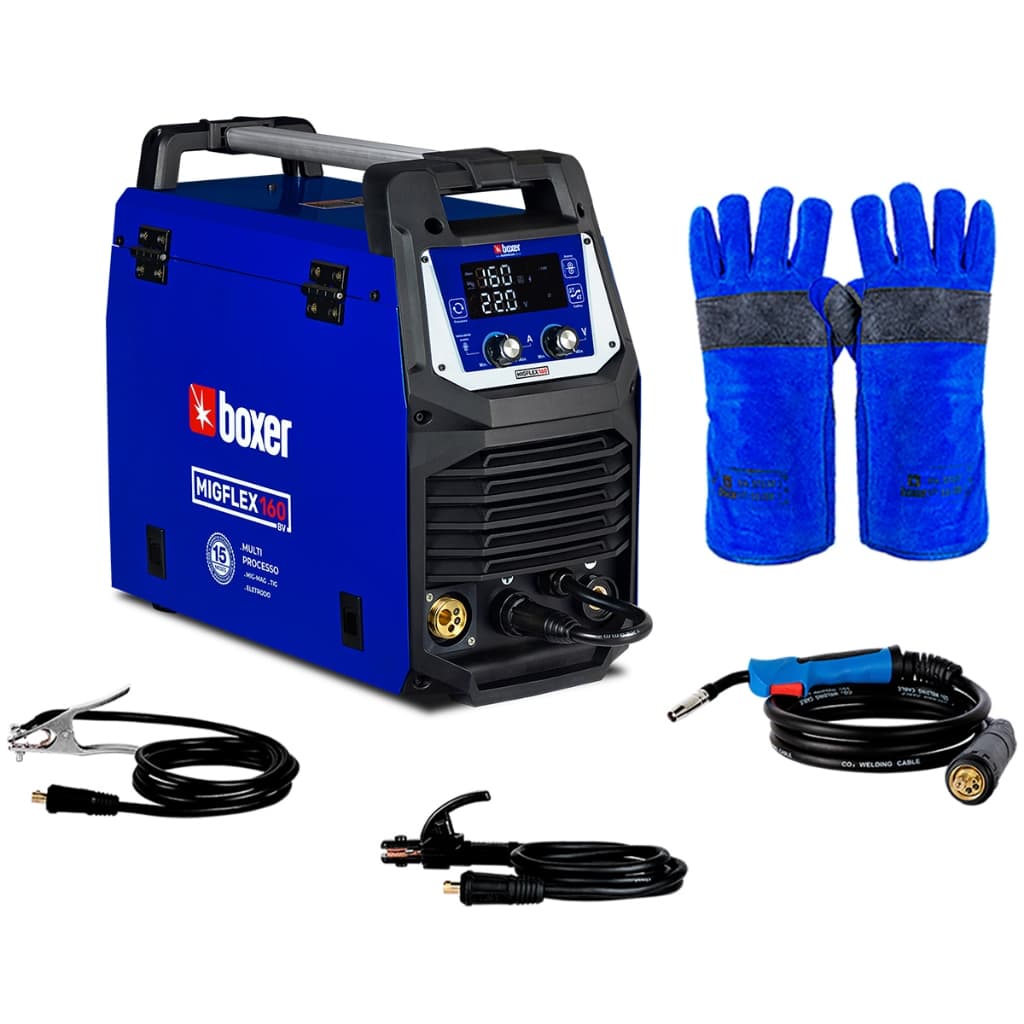 Máquina Inversora de Solda 160Amp Bivolt Com e Sem Gás Migflex160 + Luva Para Soldador 300° Boxer