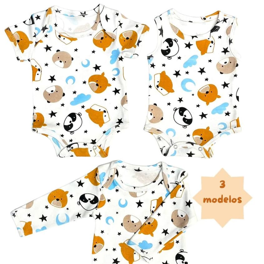 Kit com 3 Bodys Modelos Sortidos Suedine 100% Algodão Roupa de Bebê