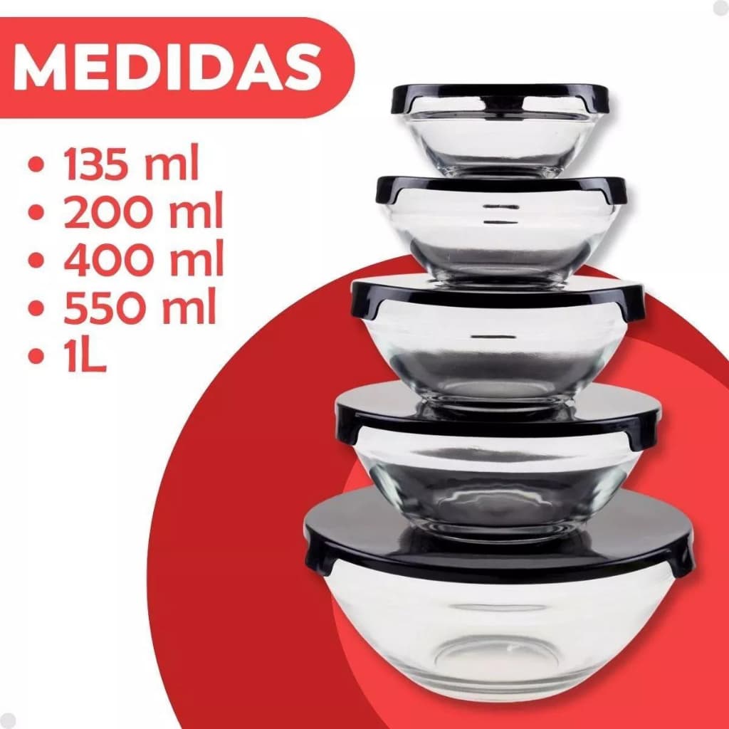 Potes Tigela Vidro Redondo Com Tampa Plástica Kit 5 Peças