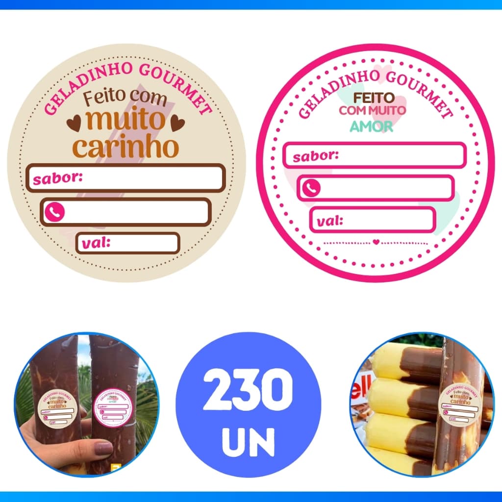 230 Etiquetas Para Geladinho Gourmet Redondo 4 Cm