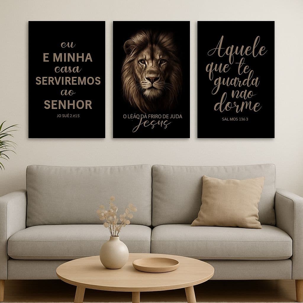Quadro Decorativo Leão De Judá Versículo Bíblico Kit 3 Peças MDF Para Sala Quarto Escritório