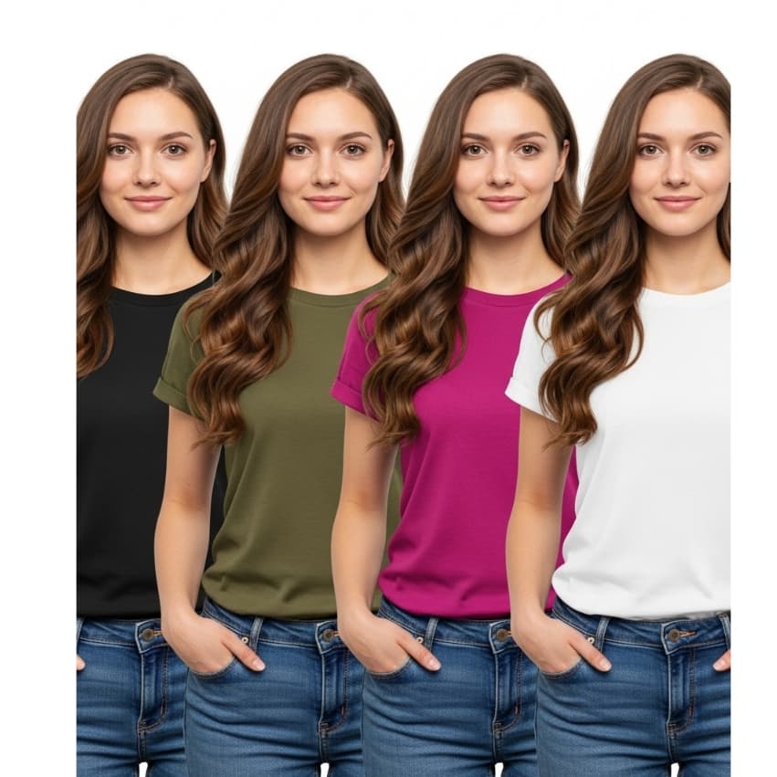 Kit com 4 Camisetas Baby Look Femininas - Básicas, 100% Algodão, Cores Sortidas