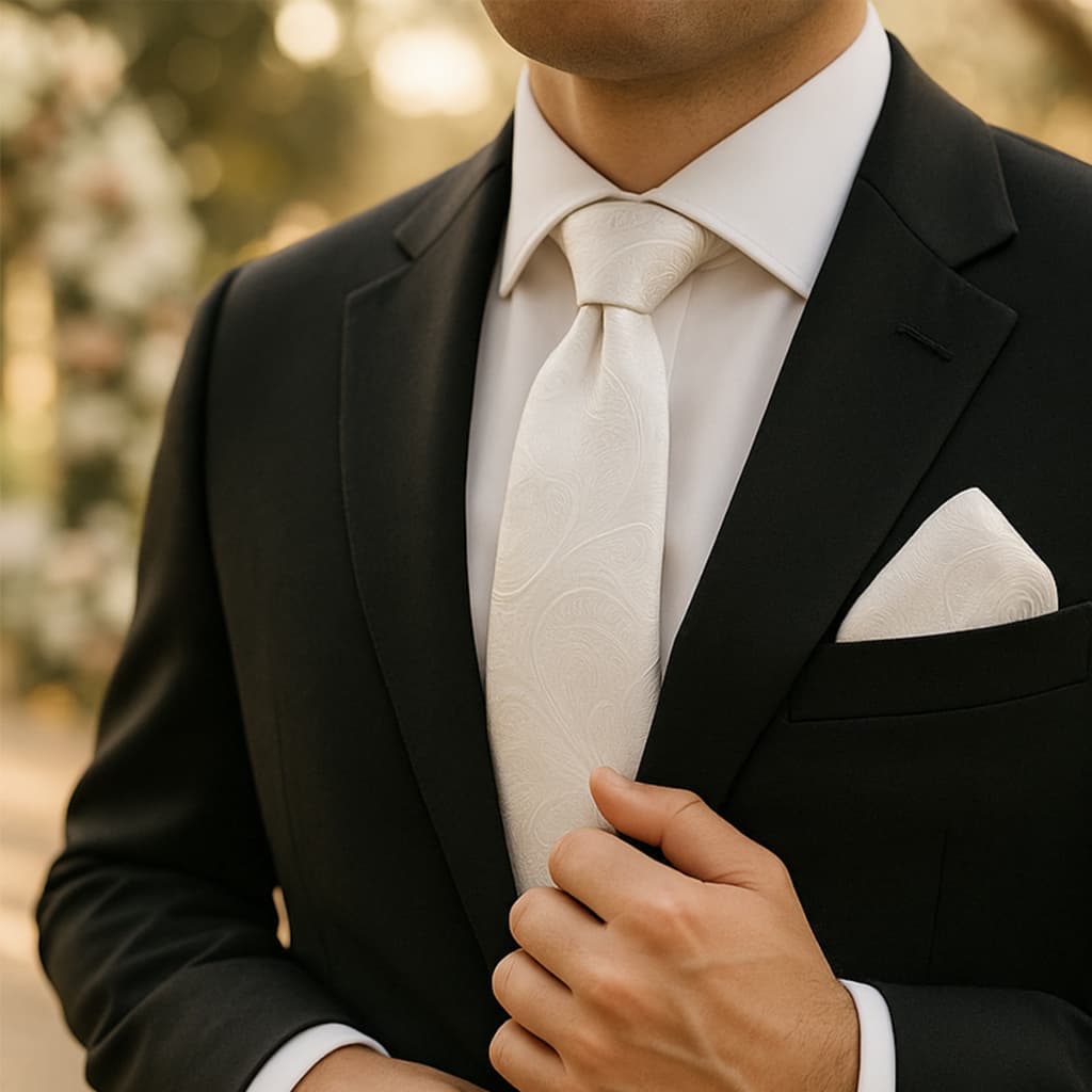 Gravata Branca com abotoadura Jacquard Seda Paisley lenço e prendedor para casamento festas social