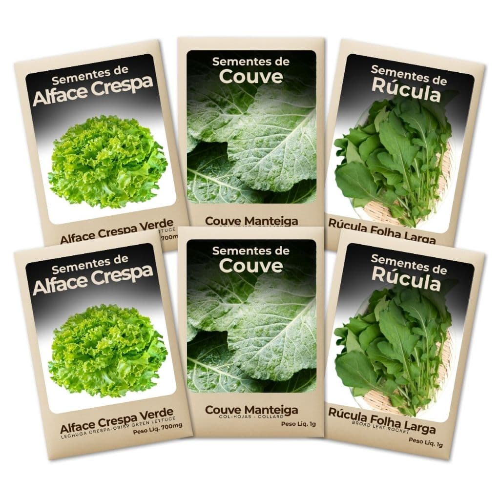 Sementes Rúcula-Alface-Couve Plantio Descomplicado Para Horta Vertical em Casa Apartamento Kit 6 Pct