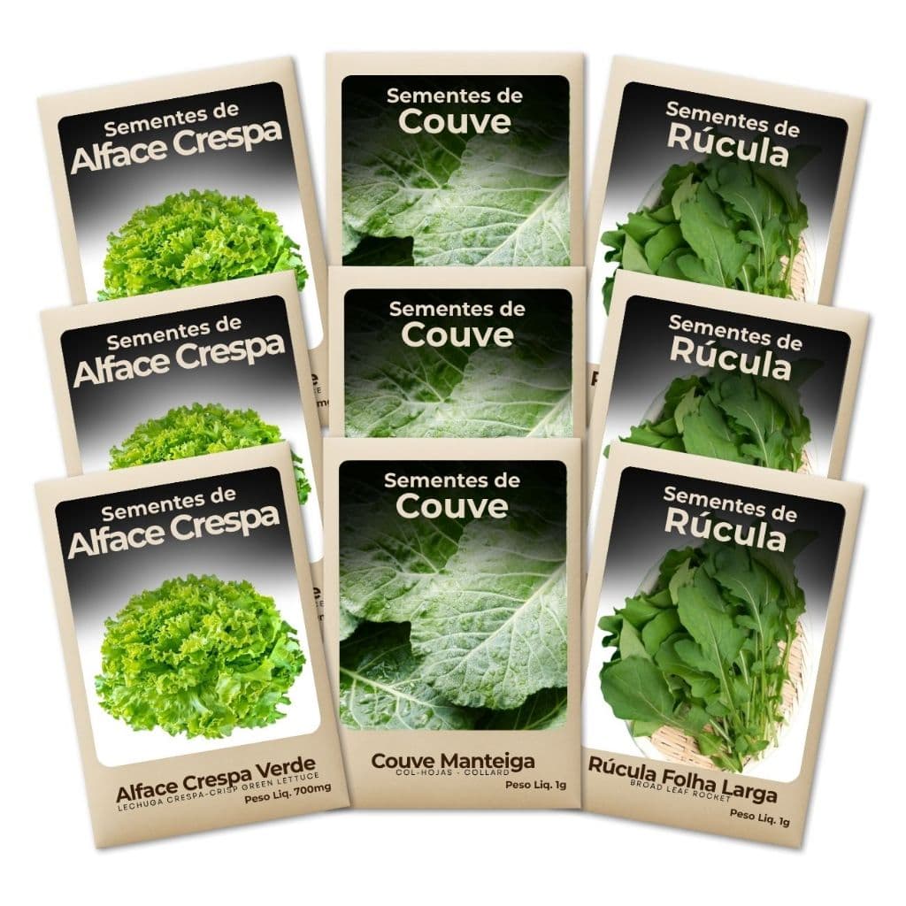 Sementes Rúcula-Alface-Couve Plantio Descomplicado Para Horta Vertical em Casa Apartamento Kit 9 Pct