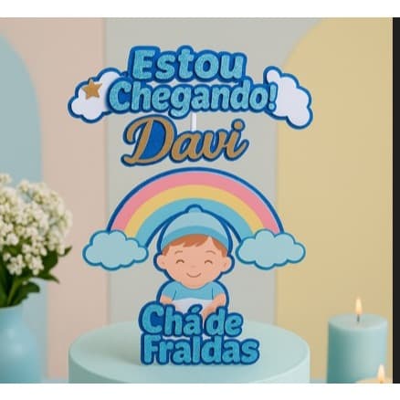 Topo de Bolo Chá de Fraldas Menino Arco-Íris Azul Personalizado Festa Bebê