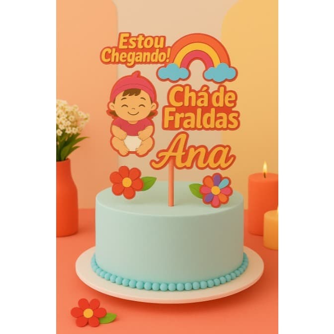 "Topo de Bolo Chá de Fraldas Menina Arco-Íris Personalizado Nome/ Festa Bebê Papel Glitter