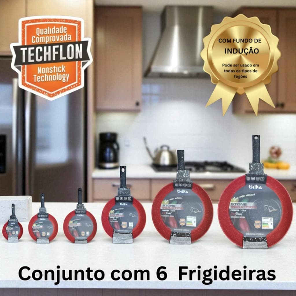 Conjunto com 6 Frigideiras Antiaderentes Stone Vermelhas Fundo Indução 18cm 20cm 22cm 24cm 26cm 28cm