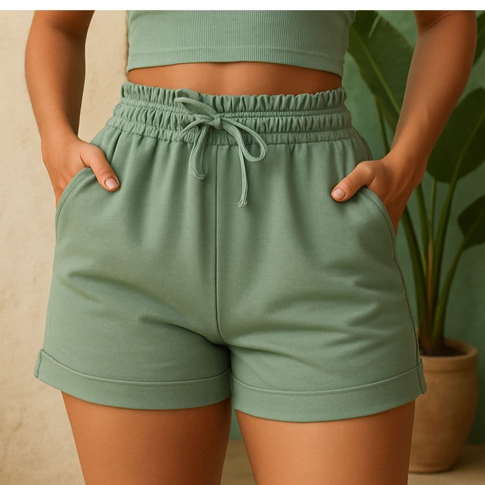 Short Moletom Feminino Algodão com Bolso Cintura Alta Verde Preto Marrom Bege Branco