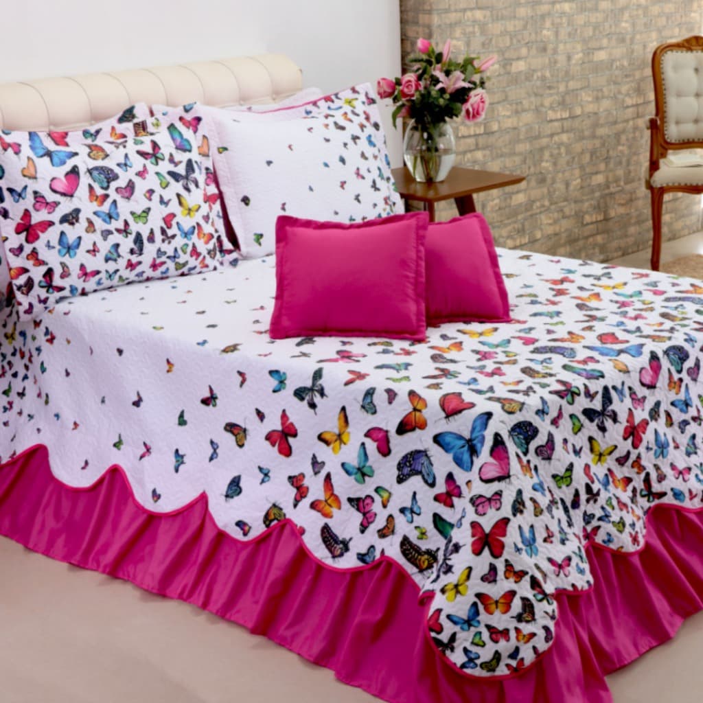 Cobre Leito Queen Kit com Babado 5 Peças Colcha + 2 Porta Travesseiro + 2 Capas de Almofada