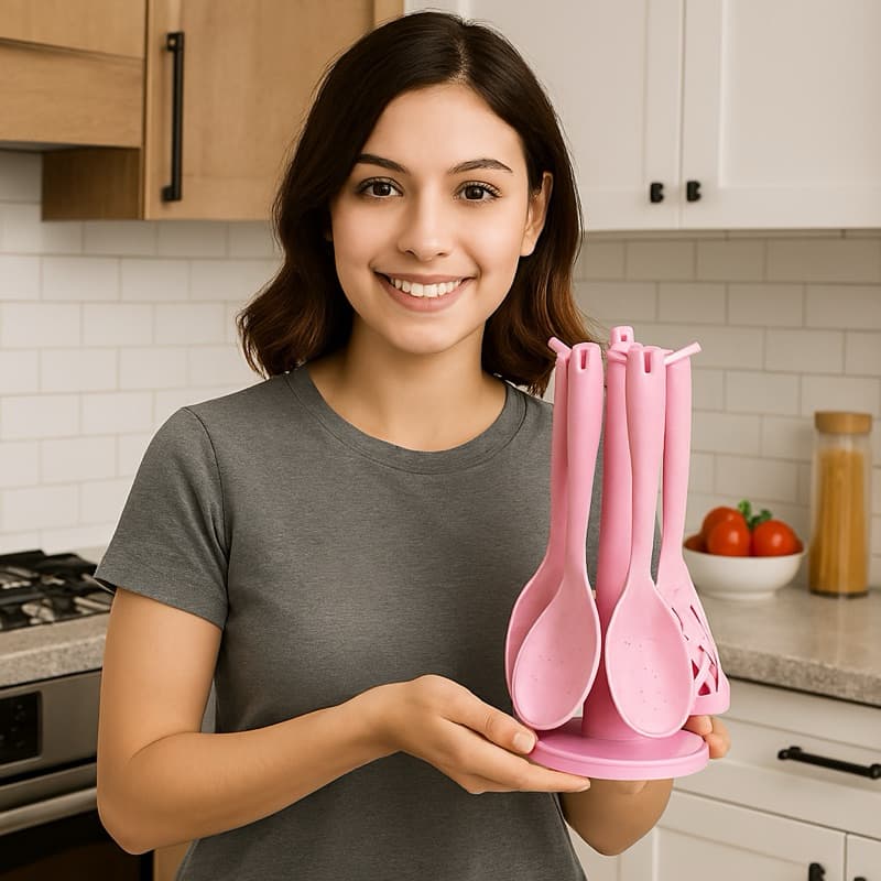 Kit 7 Peças Utensílios Cozinha Silicone Resistente Durável Cor:Rosa
