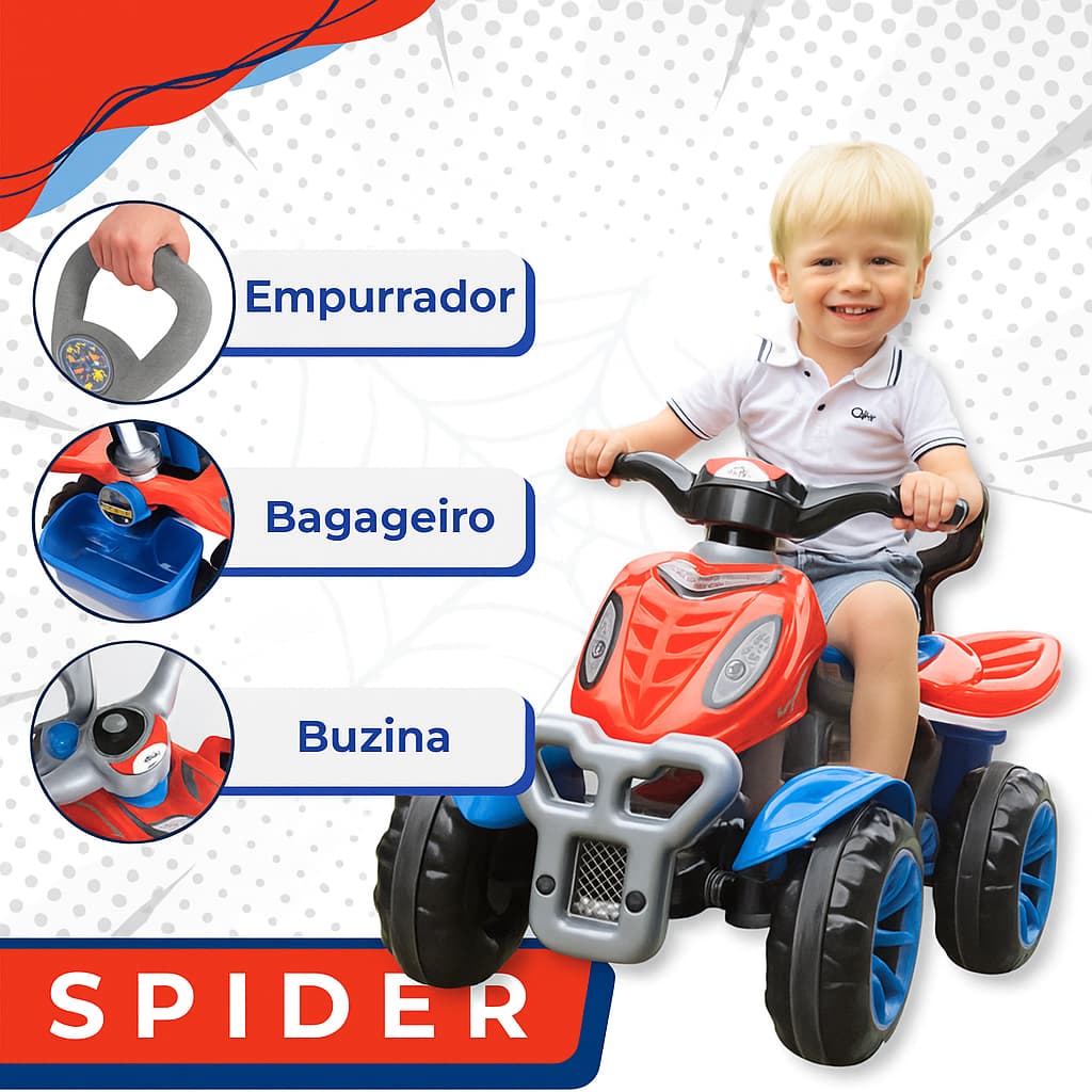 Quadriciclo Infantil Spider Menino 2 em 1 Passeio e Pedal com Haste Guia Apoio para Pés e Rodas Antiderrapantes