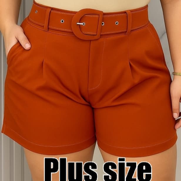 Short plus size alfaitaria com cinto forrado g1 g2 g3 moda femenina elegante para o dia a dia