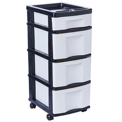 Gaveteiro Plástico Branco 4 Gavetas, Com Rodízios Cod 943 Agraplast Armação Preta