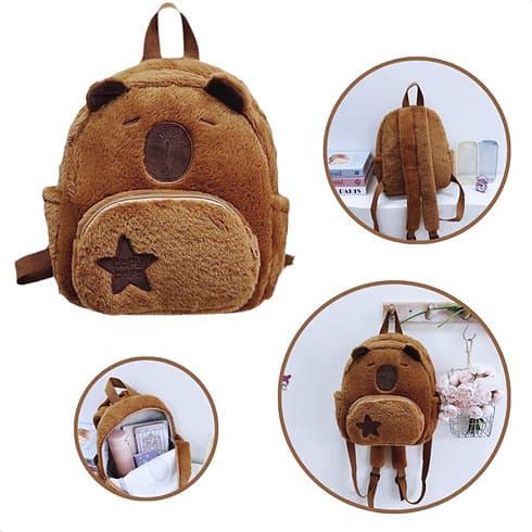 Bolsa Mochila Capivara Infantil em Pelúcia | Mochilinha Fofa, Leve e Confortável para Passeios e Dia a Dia