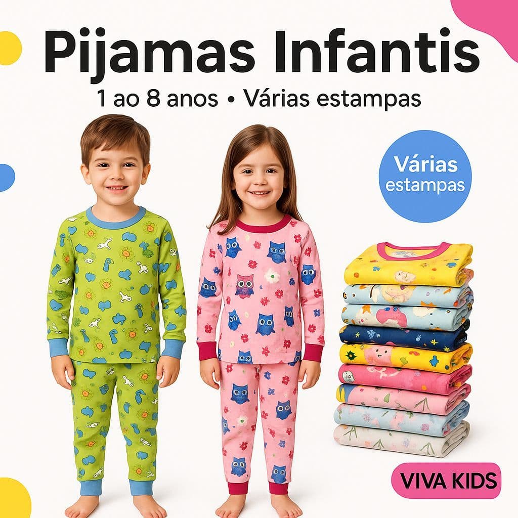 Kit 10 Peças Pijamas Infantil Estampado Masculino e Feminino 5 Blusas Manga Longa 5 Calças
