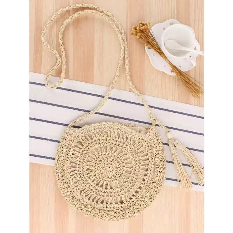 Bolsa de praia de palha redonda de crochê feminina com borla bolsa de ombro crossbody feita à mão