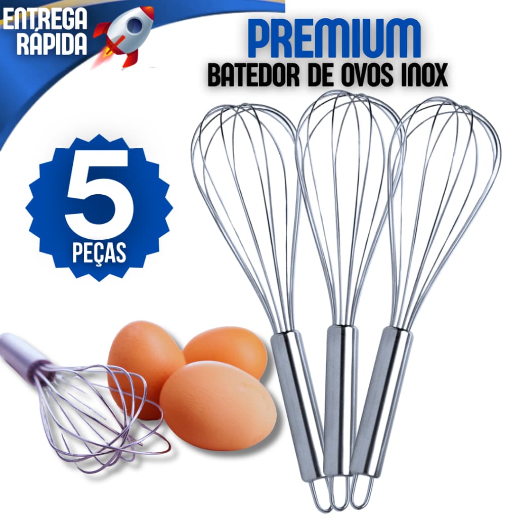 Jogo 5 Fue Fouet Profissional Batedor de Ovos Inox Gourmet Omelete Cozinha Massas Confeitaria Claras