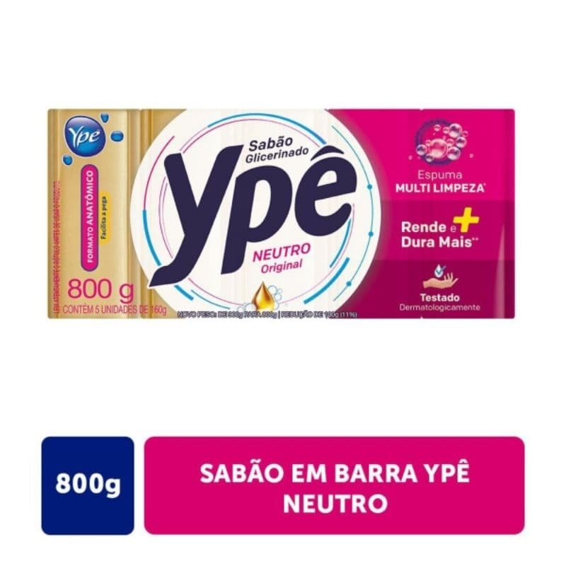 Sabão em Pedra Ype 800g Glicerinado Neutro em Barras 1 Embalagem ou 3 Embalagens