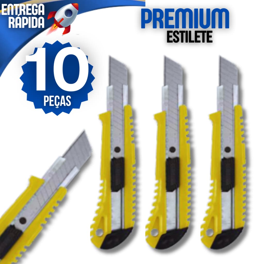 Kit 10 Estilete Profissional Lâmina Qualidade Precisão Emborrachado Escolar Escritório Trava Gira