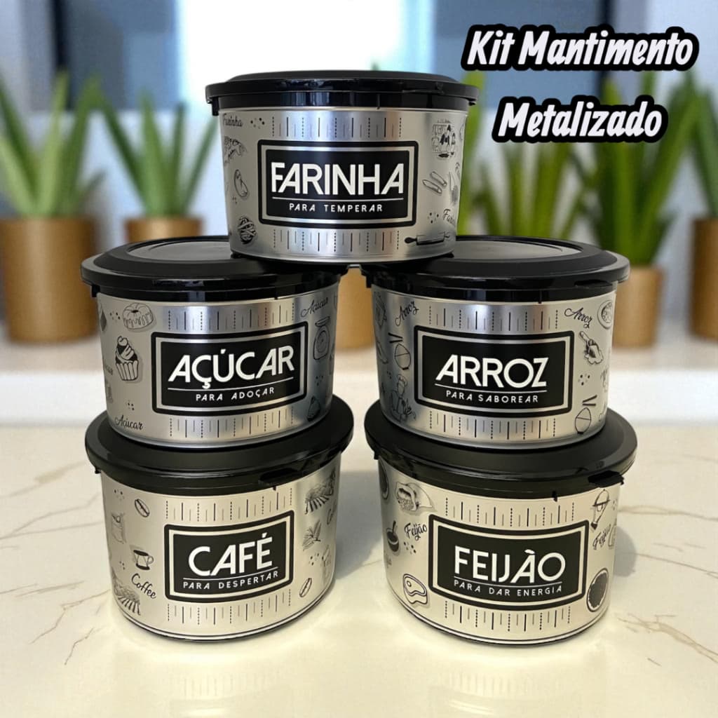 Kit 5 Potes De Mantimentos Metalizados Plástico Herméticos - Potes Tapoer Cozinha- Porta Mantimentos 2 litros