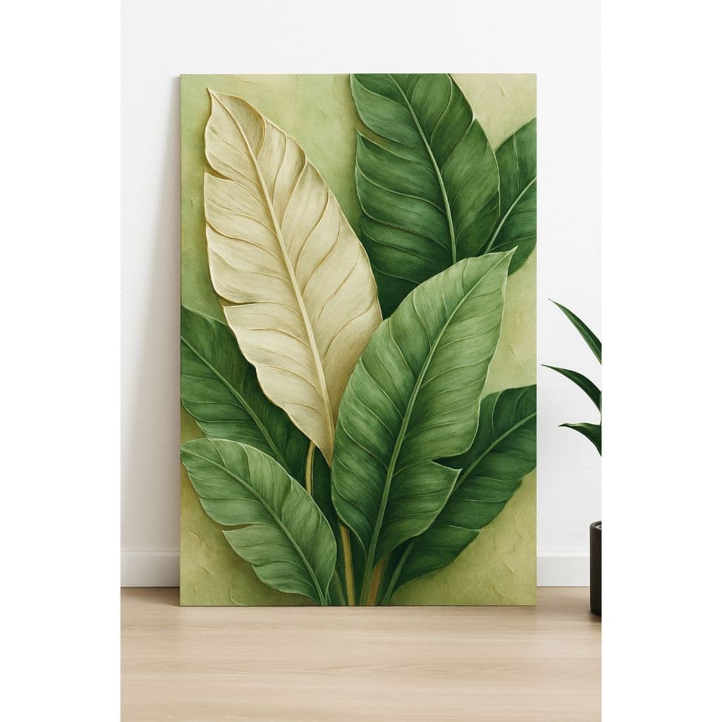 Quadro Decorativo Folhas Tropicais – Arte Moderna em Tons Verdes e Neutros
