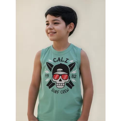 Regata Infantil De Algodão Verde Estampa Frontal Surf Crew Tex