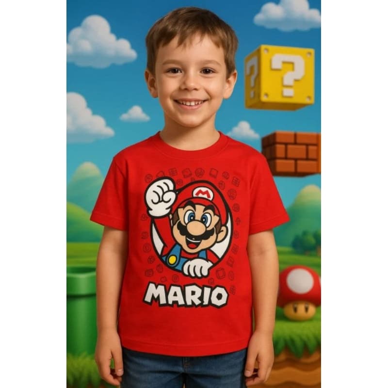 Camiseta Infantil Mário Bros Manga Curta 100% Algodão Tema Aniversário