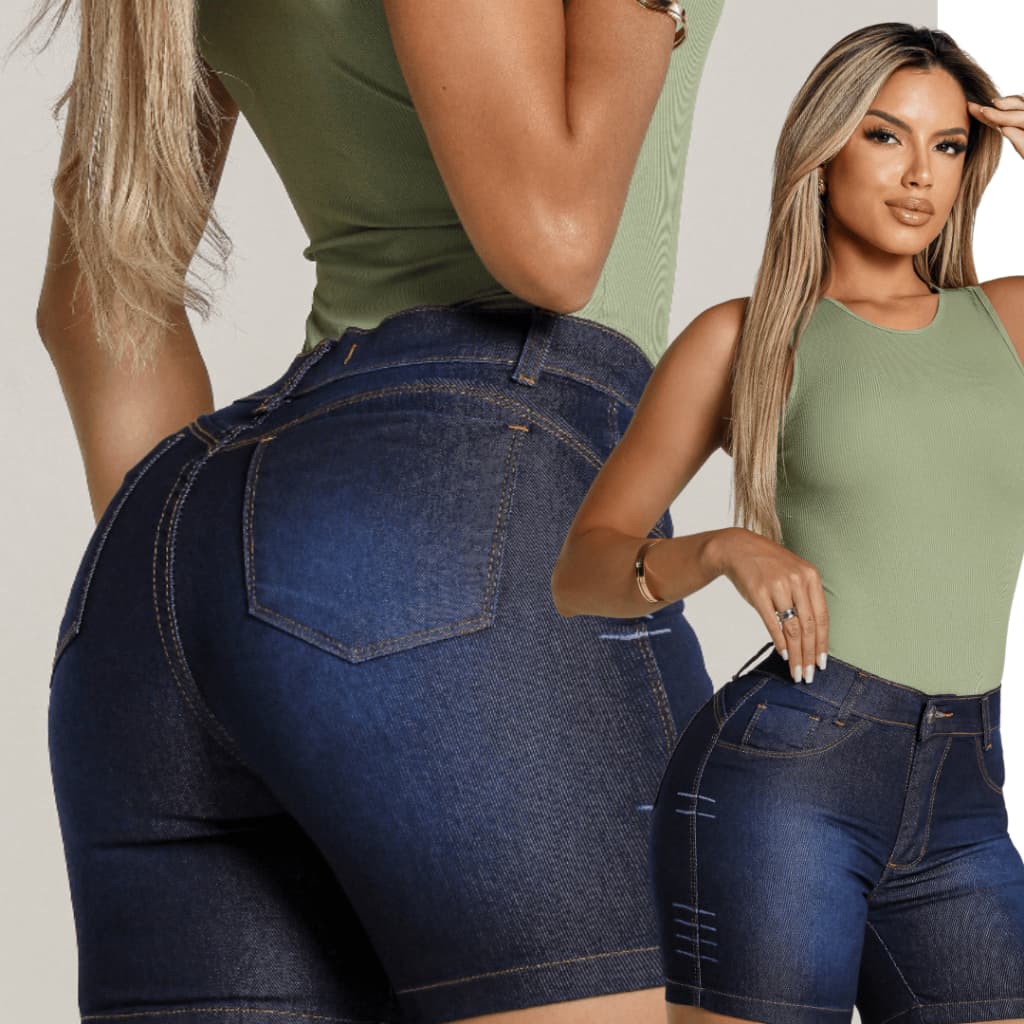 Short Jeans Feminino Super Stretch Cintura Alta Tecido Premium com Elastano