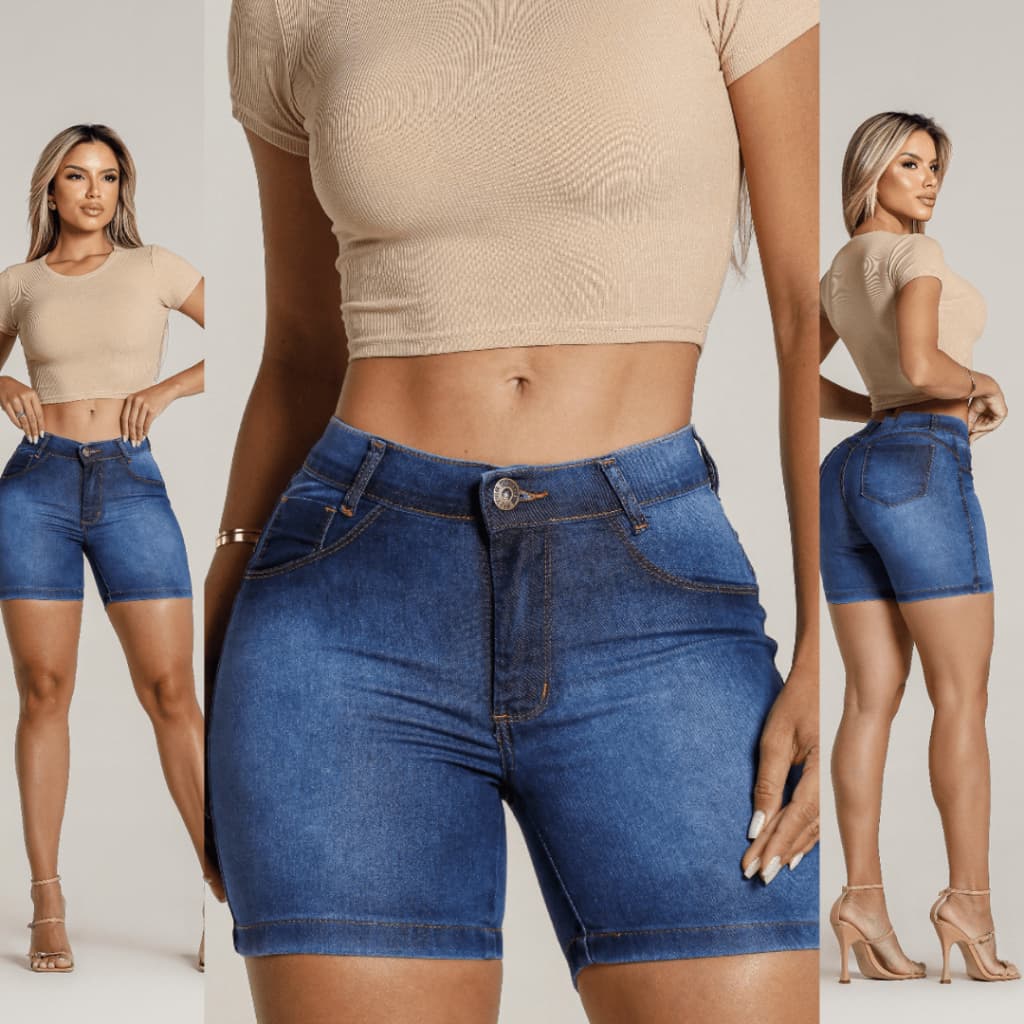 Short Jeans Feminino Super Stretch Cintura Alta Tecido Premium com Elastano