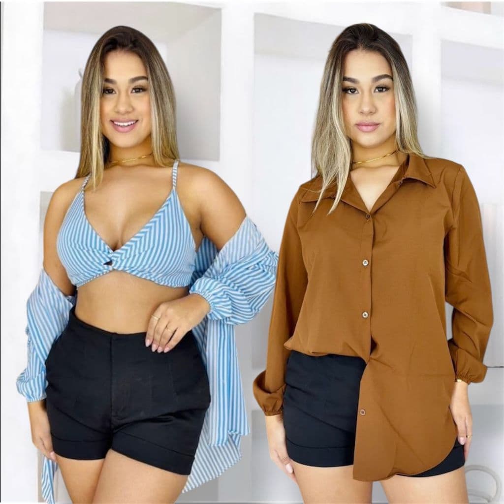 Conjunto Kimono Femenino 2 pecas Camisa e Cropped de Amarrar Listrado e Liso estilo casual