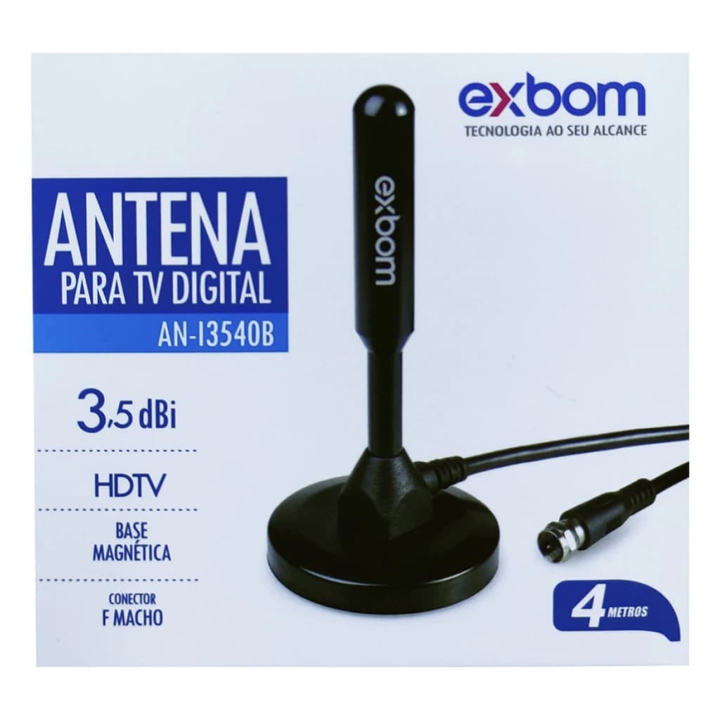 Antena Digital Amplificada Interna e Externa 4 Metros Base Imã Prova d'água HDTV/UHF/VHF