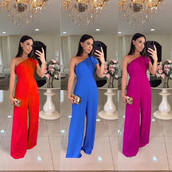 Macacão Feminino Elegante de um Ombro com Laço