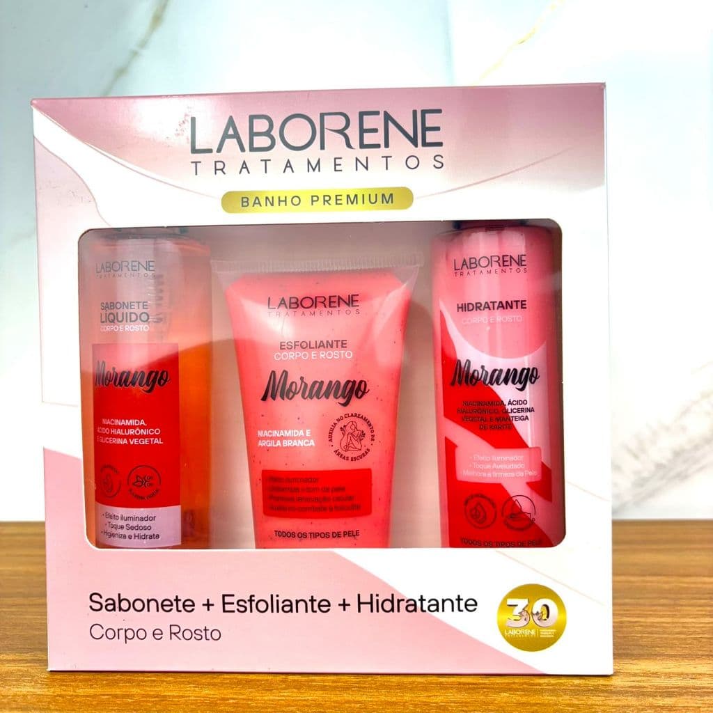 Kit Banho Premium Laborene Sabonete + Hidratante + Esfoliante Morango Ameixa Negra Rosa Mosqueta