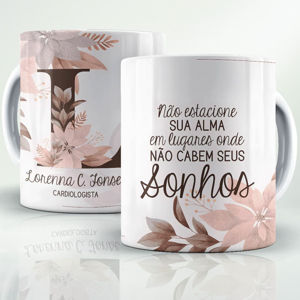 Caneca Personalizada Nome e Profissão Xícara Floral Copo Presente