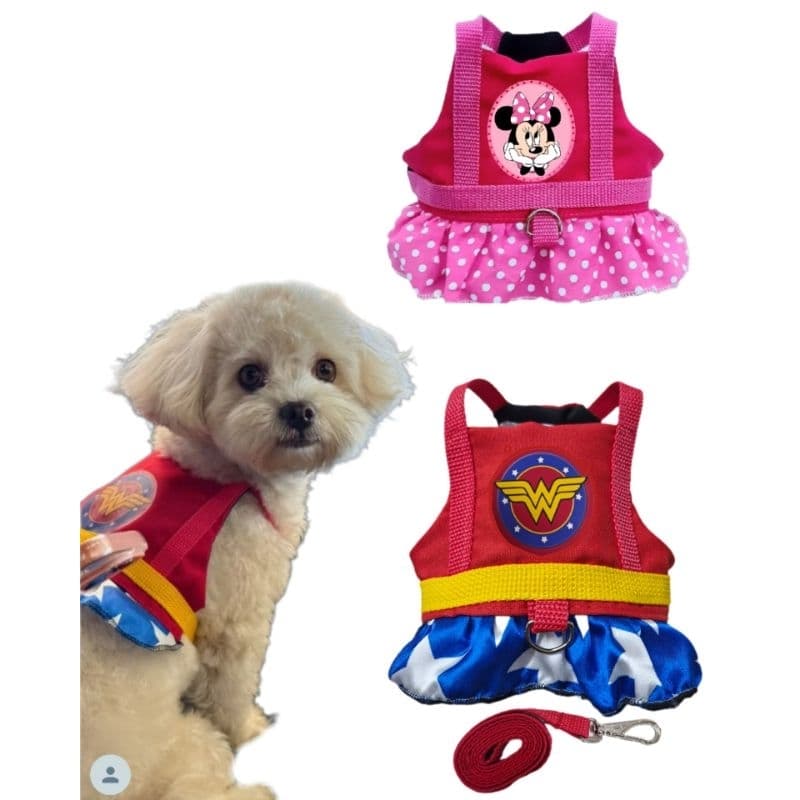 Coleira Pet Peitoral com Guia Mulher Maravilha Minnie