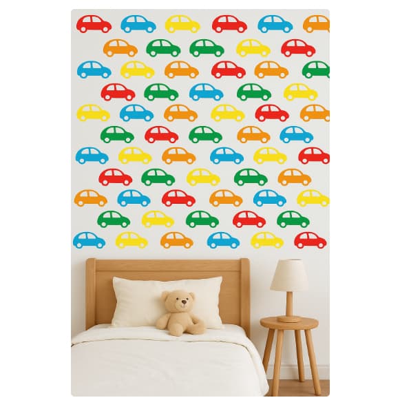 kit 30 Adesivos de Parede Carrinhos Coloridos – 10cm cada (vermelho, azul, verde, amarelo e laranja)