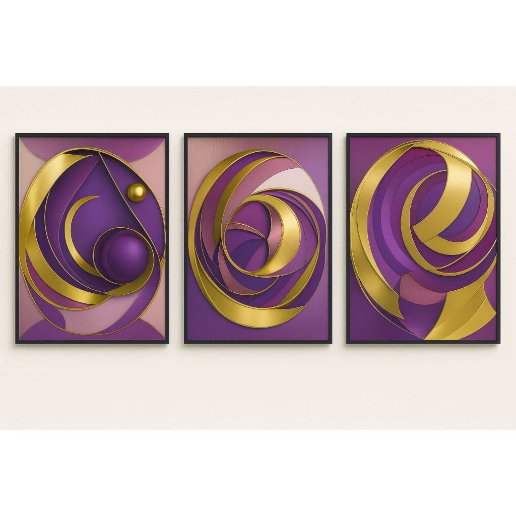 Kit 3 Quadros Decorativos Abstratos Luxo Roxo e Dourado - Arte Moderna para Sala e Quarto
