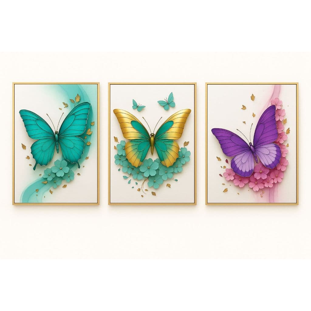 Quadros Decorativos Borboletas com Efeito 3D – Conjunto com 3 Peças