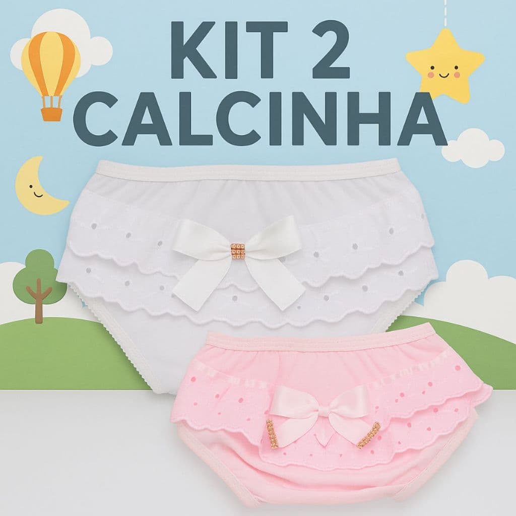 Kit 2 Calcinha Bunda Rica Tapa Fralda Batizado Em Algodão Detalhe de Laço com Strass